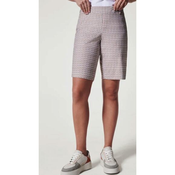 Spanx L Sunshine Bermuda Shorts Fawn White Bespoke‎ Check Pull On Dri Wick - Picture 2 of 11